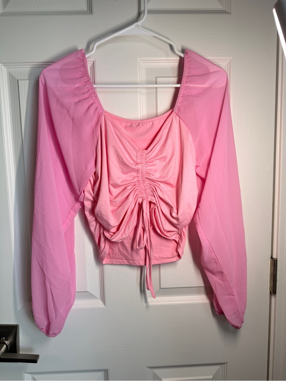 3/$15 Pink Ruched Long-Sleeve Women’s Top with sheer cinched sleeves